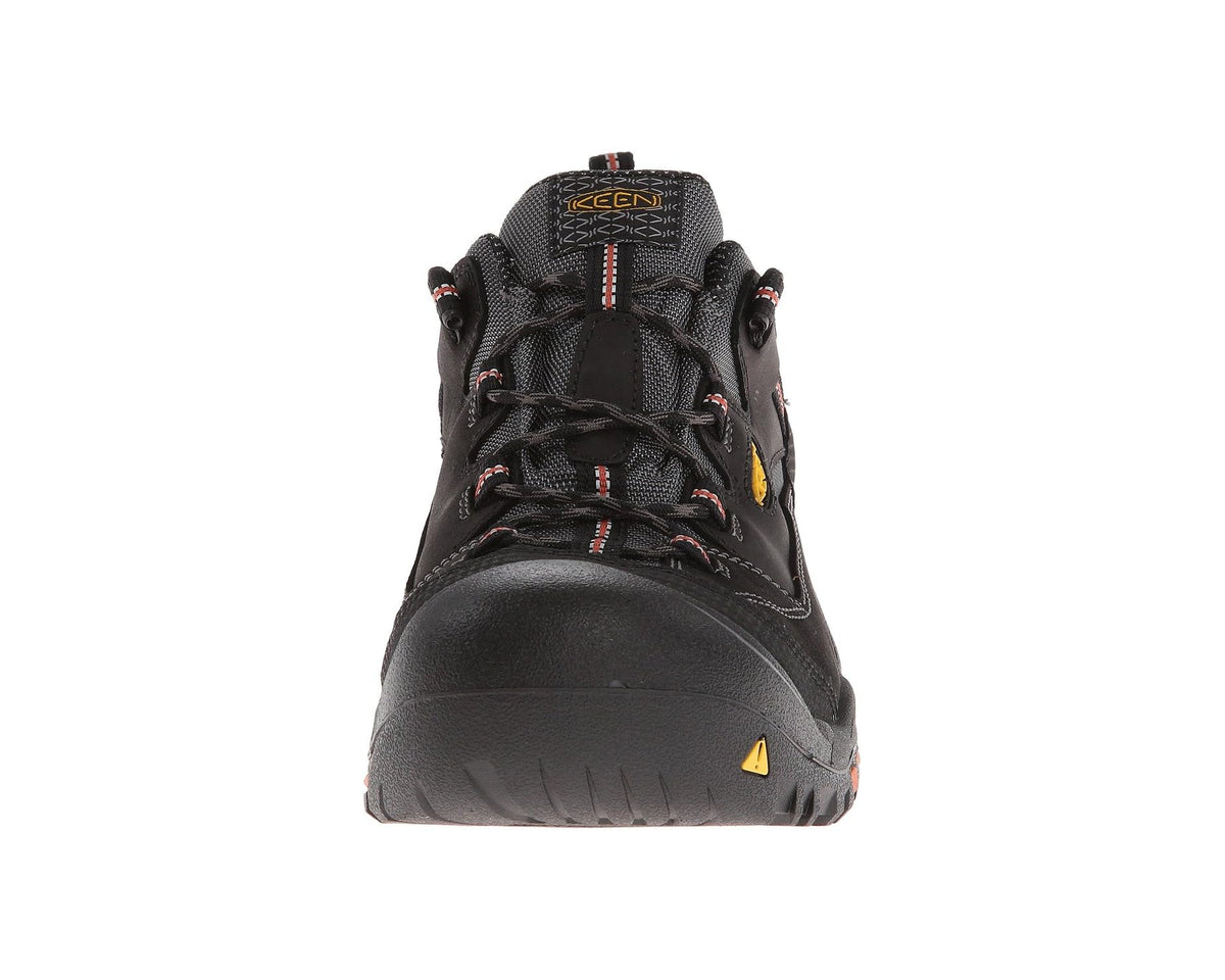 KEEN Braddock Low men's steel-toe work sneaker, front view, black with orange accents