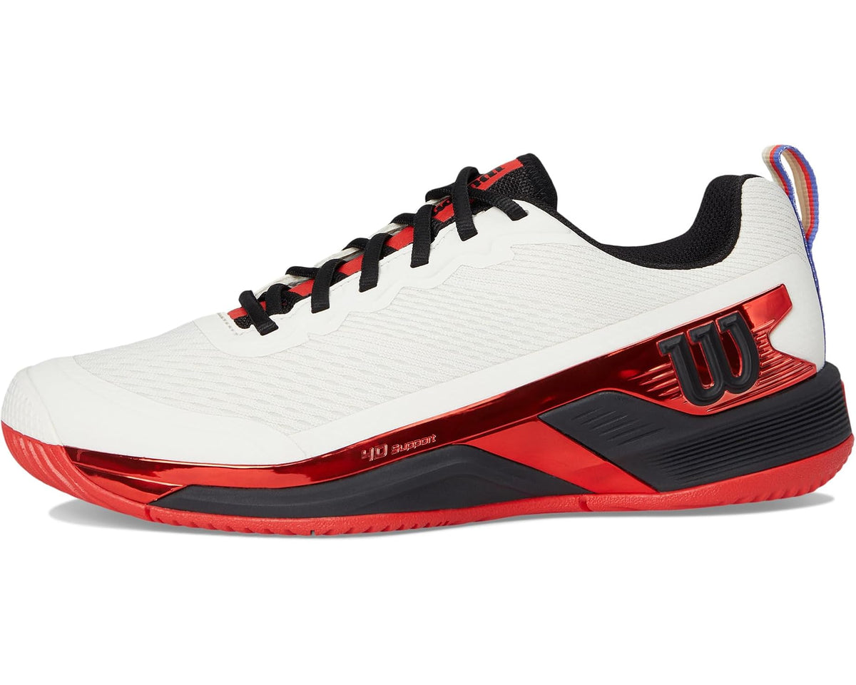 Men's white and red lace-up tennis shoe with black midsole and heel panel