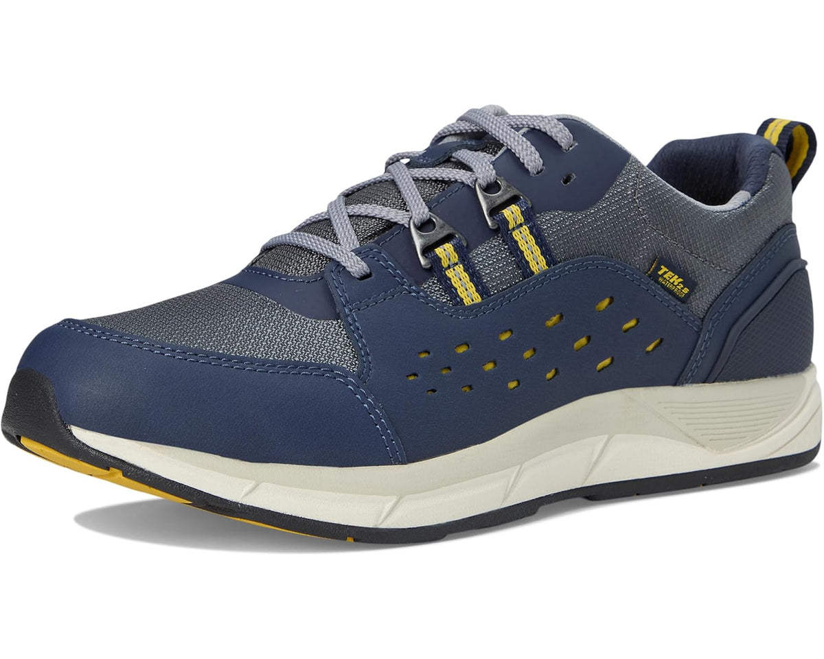 Men's waterproof navy lace-up sneaker with textured upper, yellow accents, and white sole