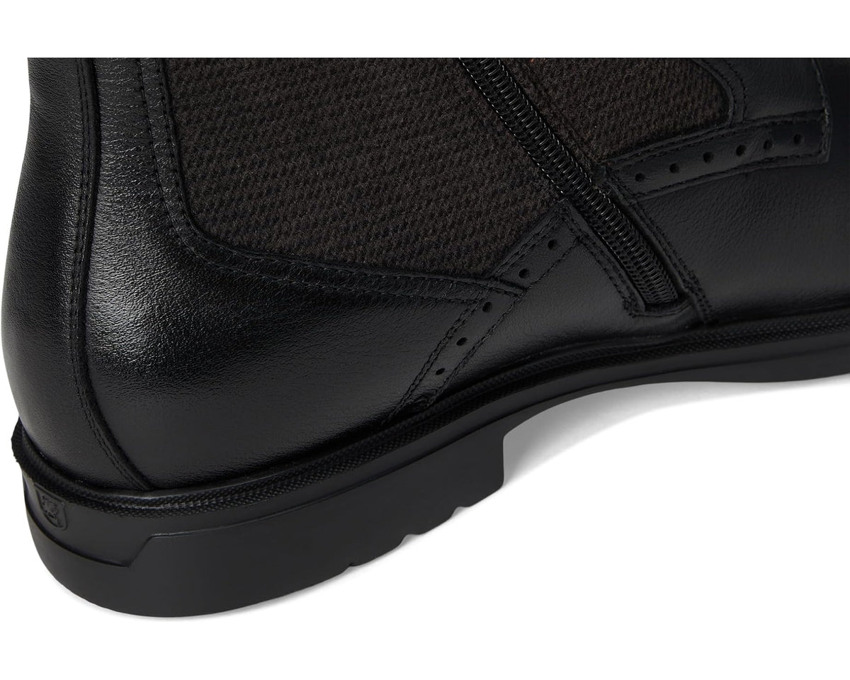 Black ankle boots detail showing stitched heel seam and elastic gore