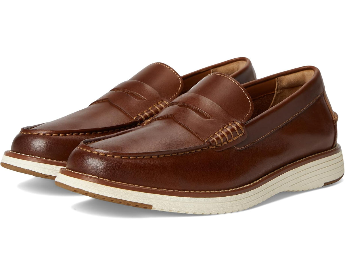 Men's penny loafer, brown full-grain leather with stitched moc-toe and lace detail