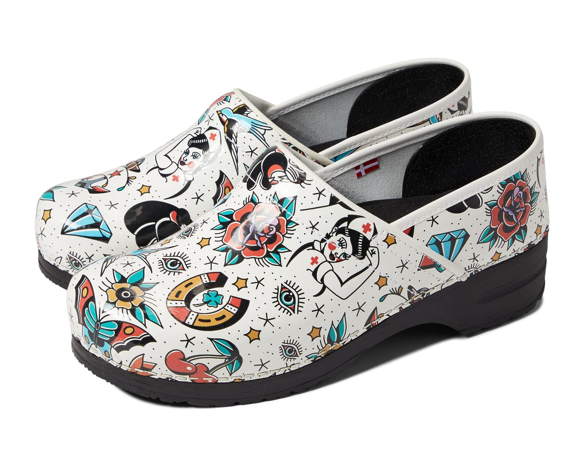 White slip-on clog shoes with colorful retro flash prints and black rubber sole