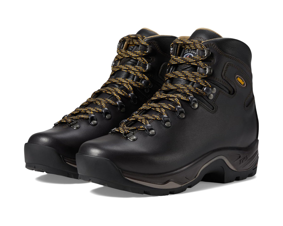 Men's mid-cut lace-up hiking boots in dark leather, with gold-and-black laces