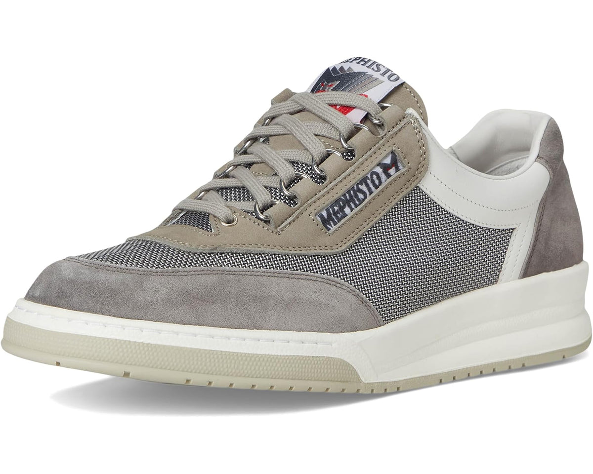 Grey suede-and-mesh lace-up sneakers with white side panel and chunky sole