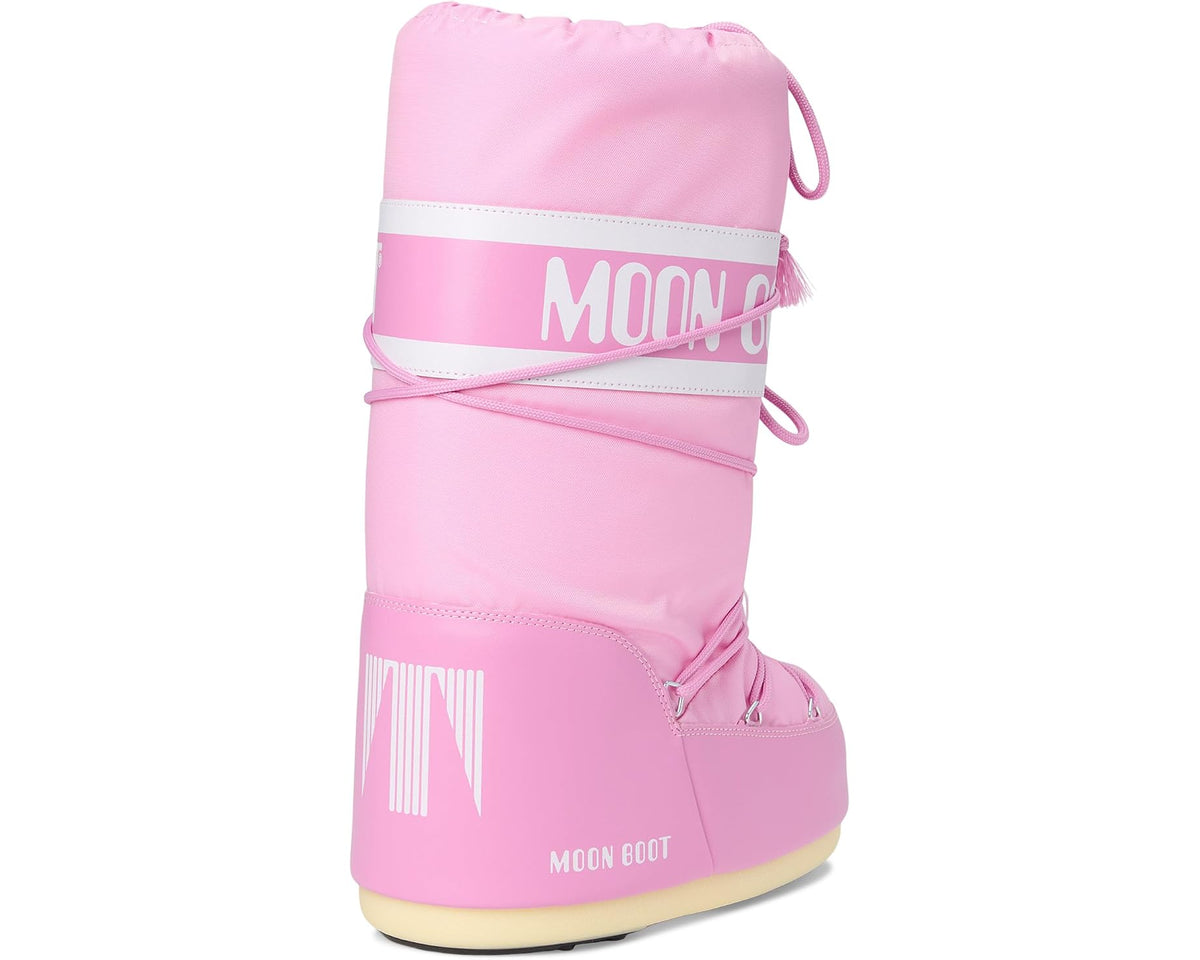 Unisex pink Moon Boot icon nylon boots, side view with logo band and lace ties