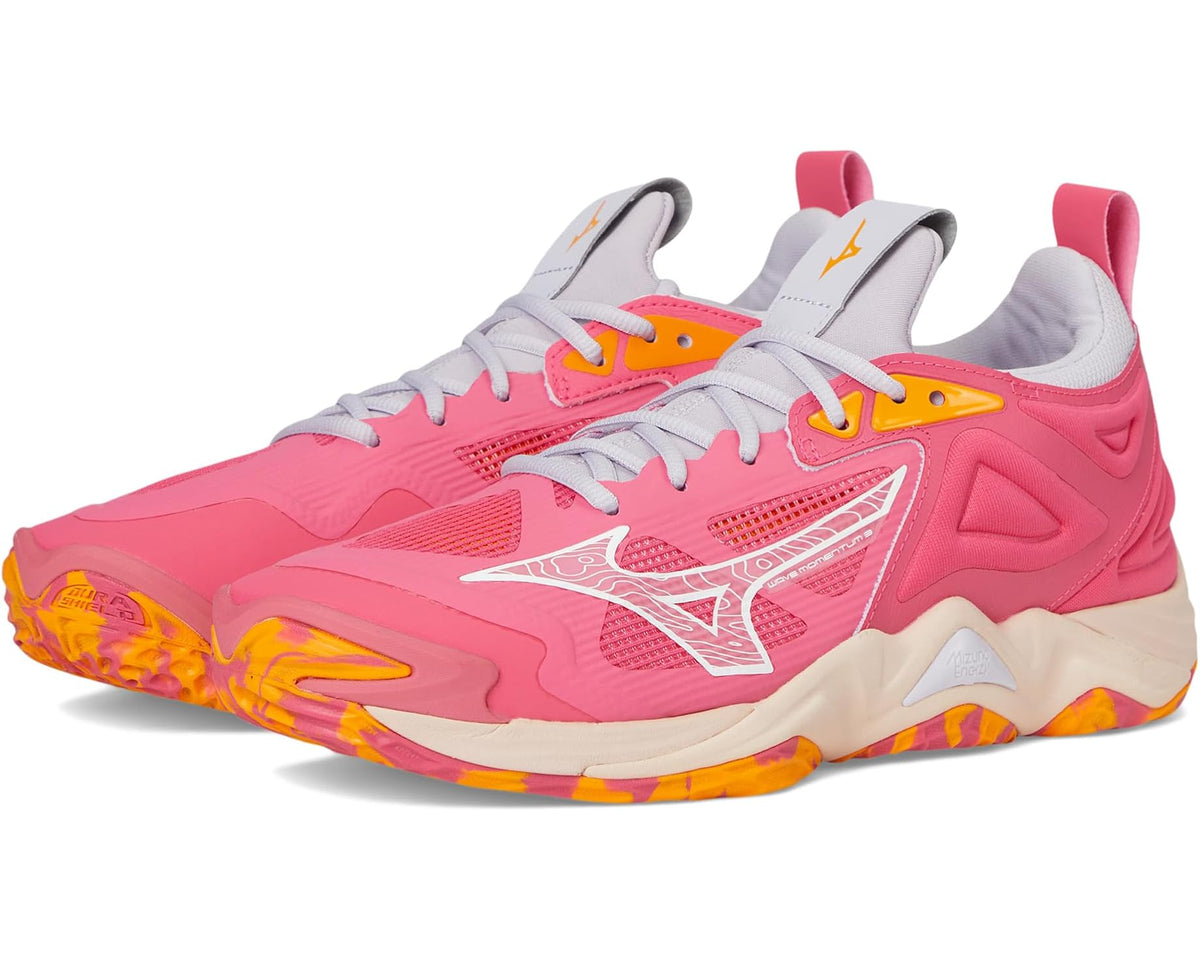 Unisex Mizuno Wave Momentum 3 running shoe, pink upper with white logo, lace-up.