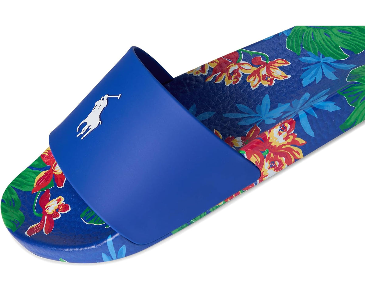 Floral slide sandals with royal-blue strap showing white horse logo