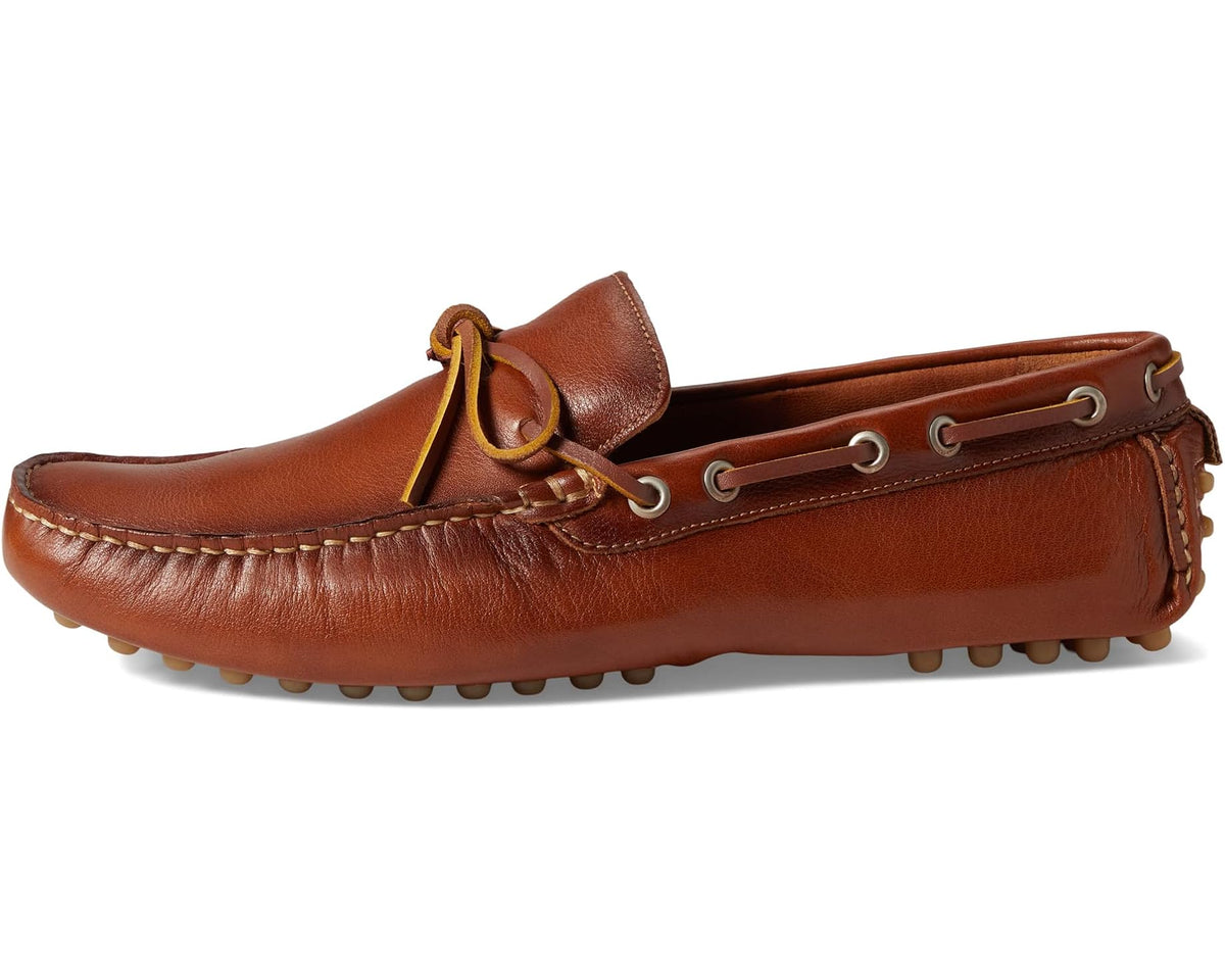 Cognac brown leather driver moccasin with lace knot detail and metal eyelets