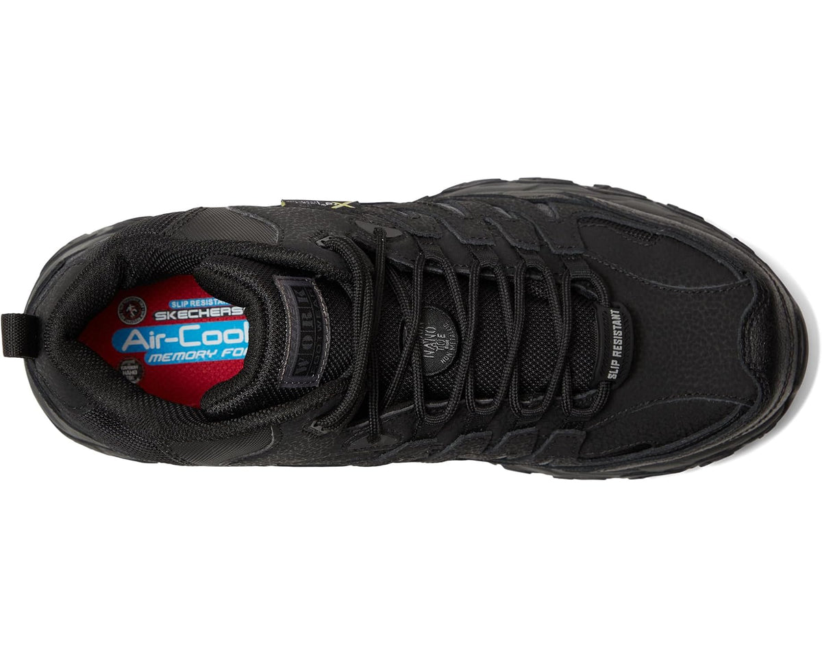 Men's black lace-up work boot side view with padded tongue and comfort logo