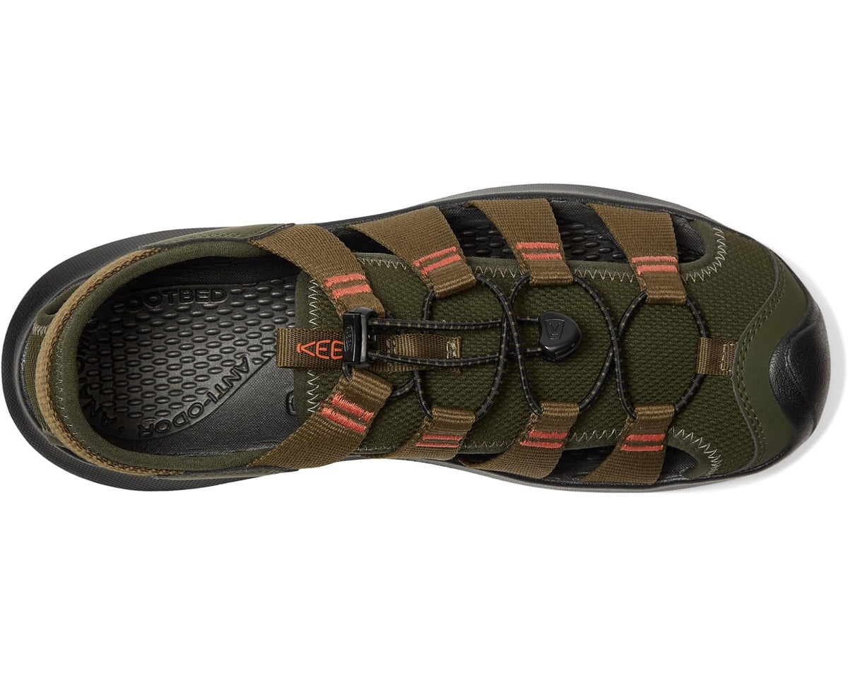 Men's KEEN hiking sandal side view showing dark sole, lacing, and striped strap details