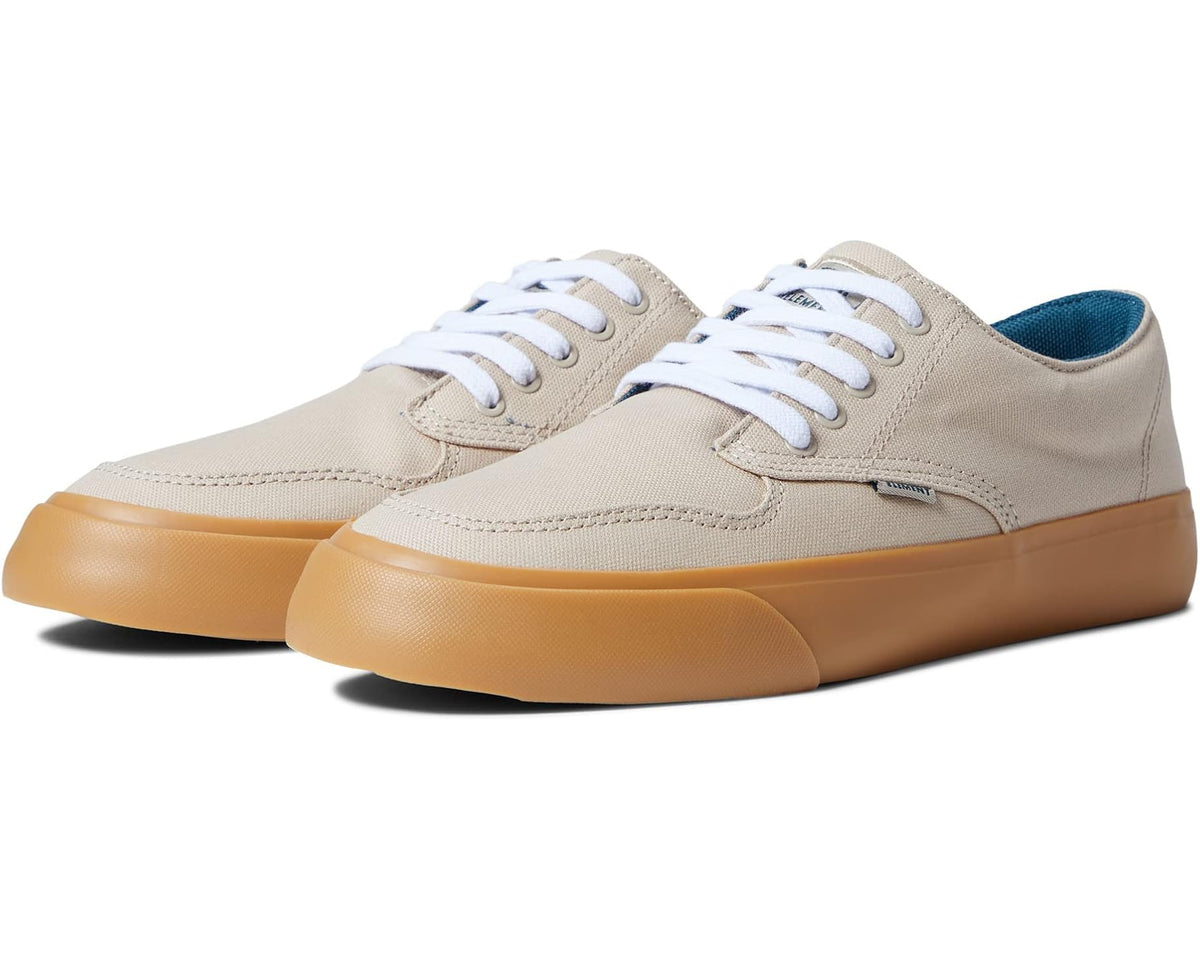 Men's tan low-top sneakers with white laces and gum rubber sole
