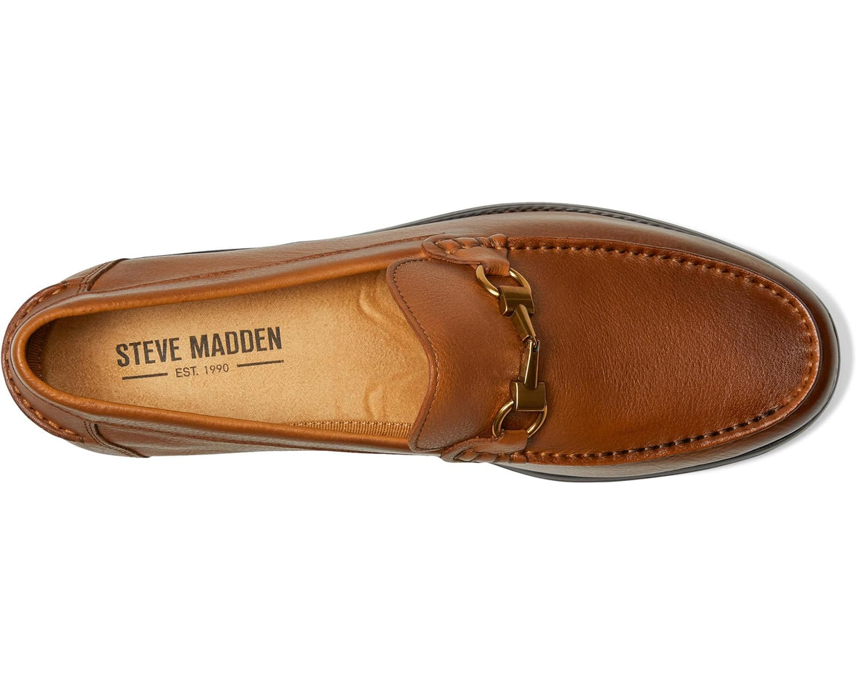 Tan leather loafer with tan lining and stitched apron, side view