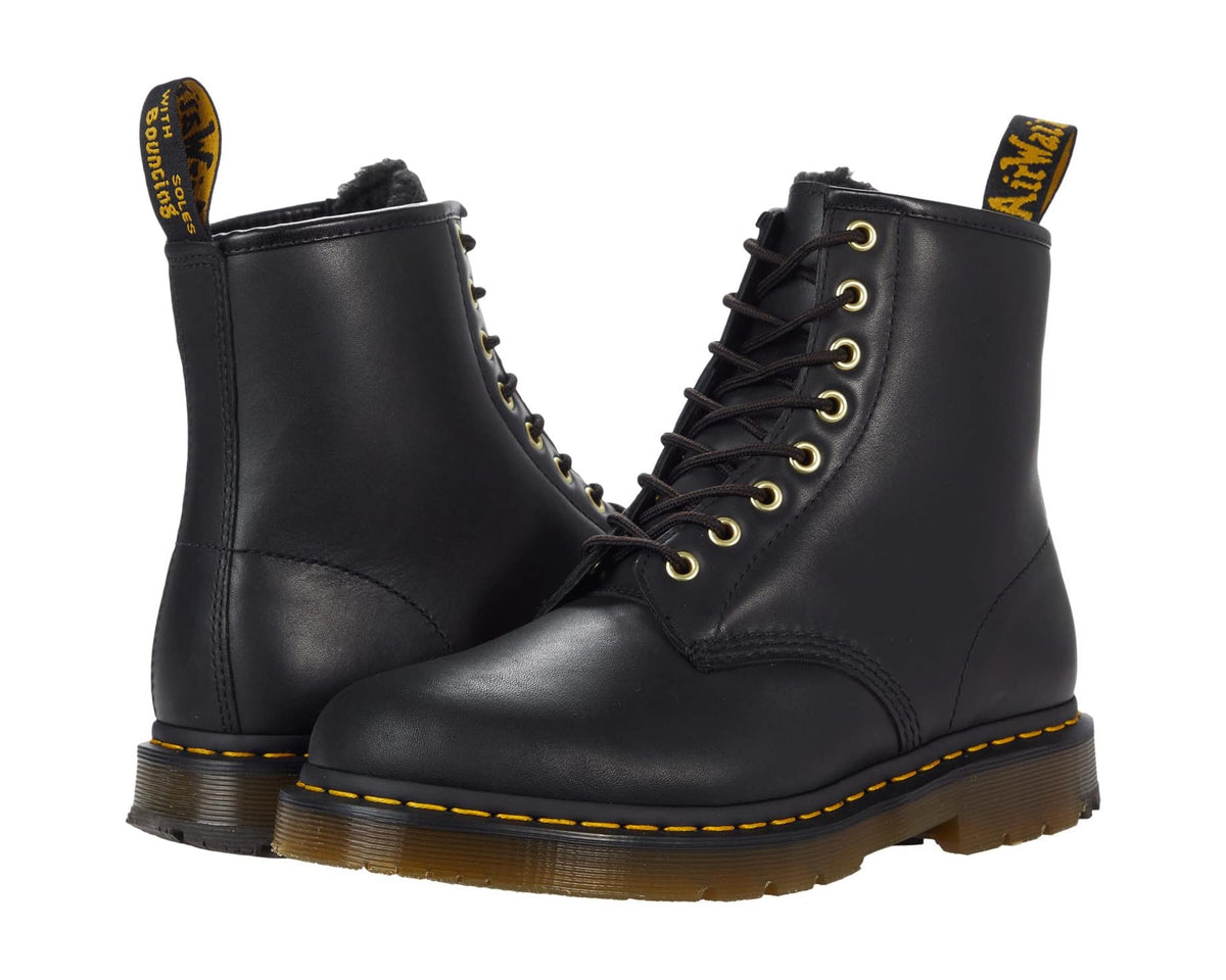 Black waterproof lace-up 8-eye ankle boots with yellow stitching and rugged sole