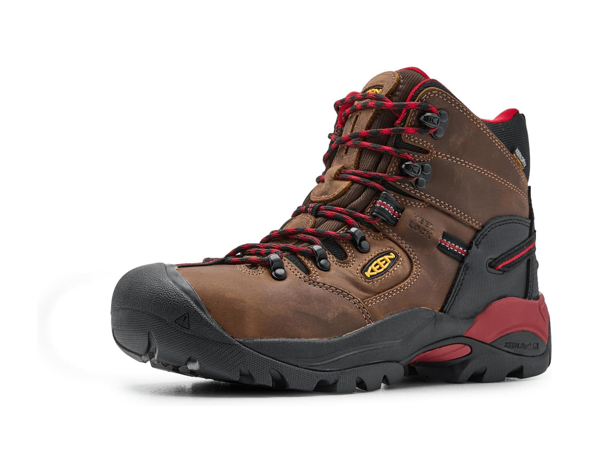 Men's KEEN waterproof work boot, bison brown leather with black panels and red laces