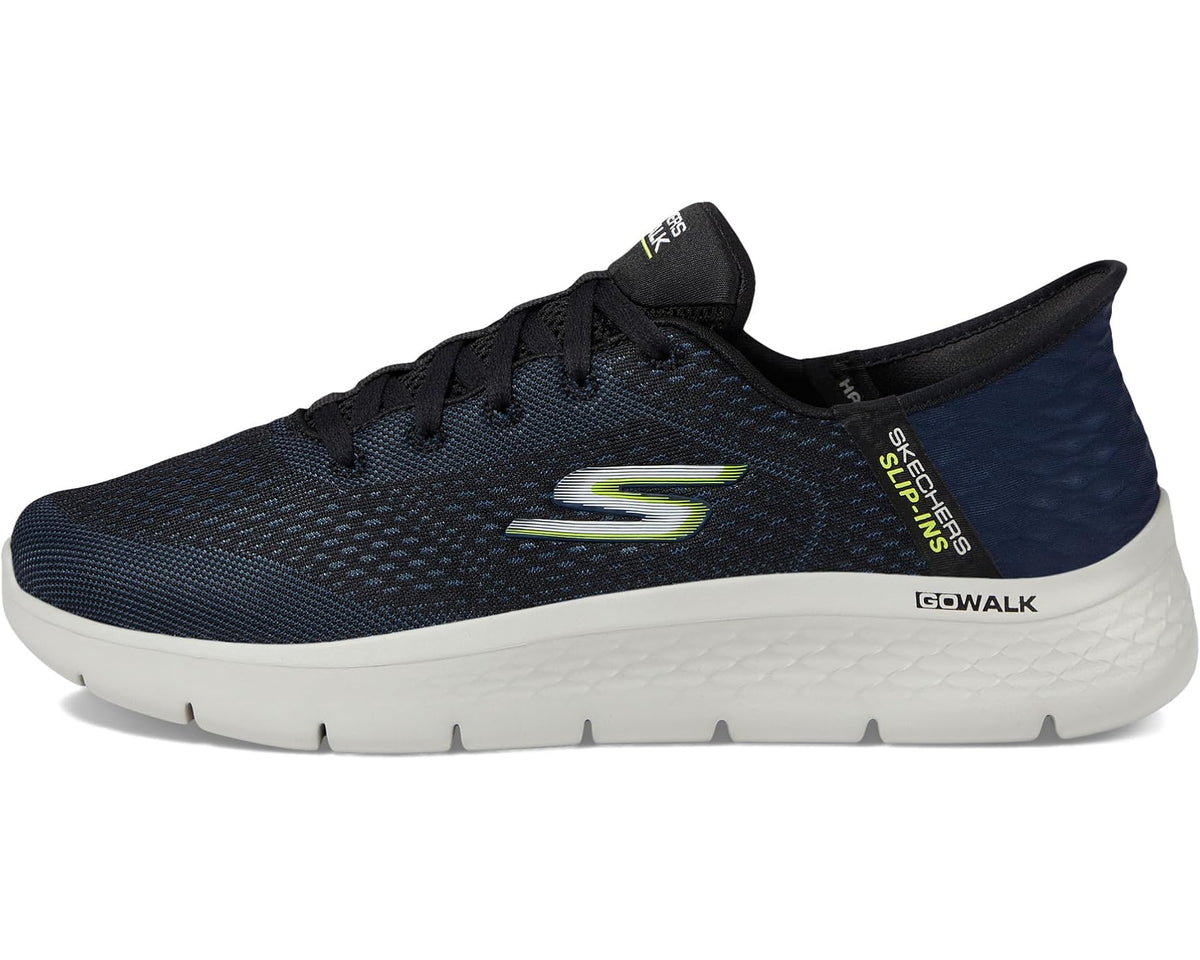 Navy SKECHERS slip-in sneaker with lime S logo, black collar tab