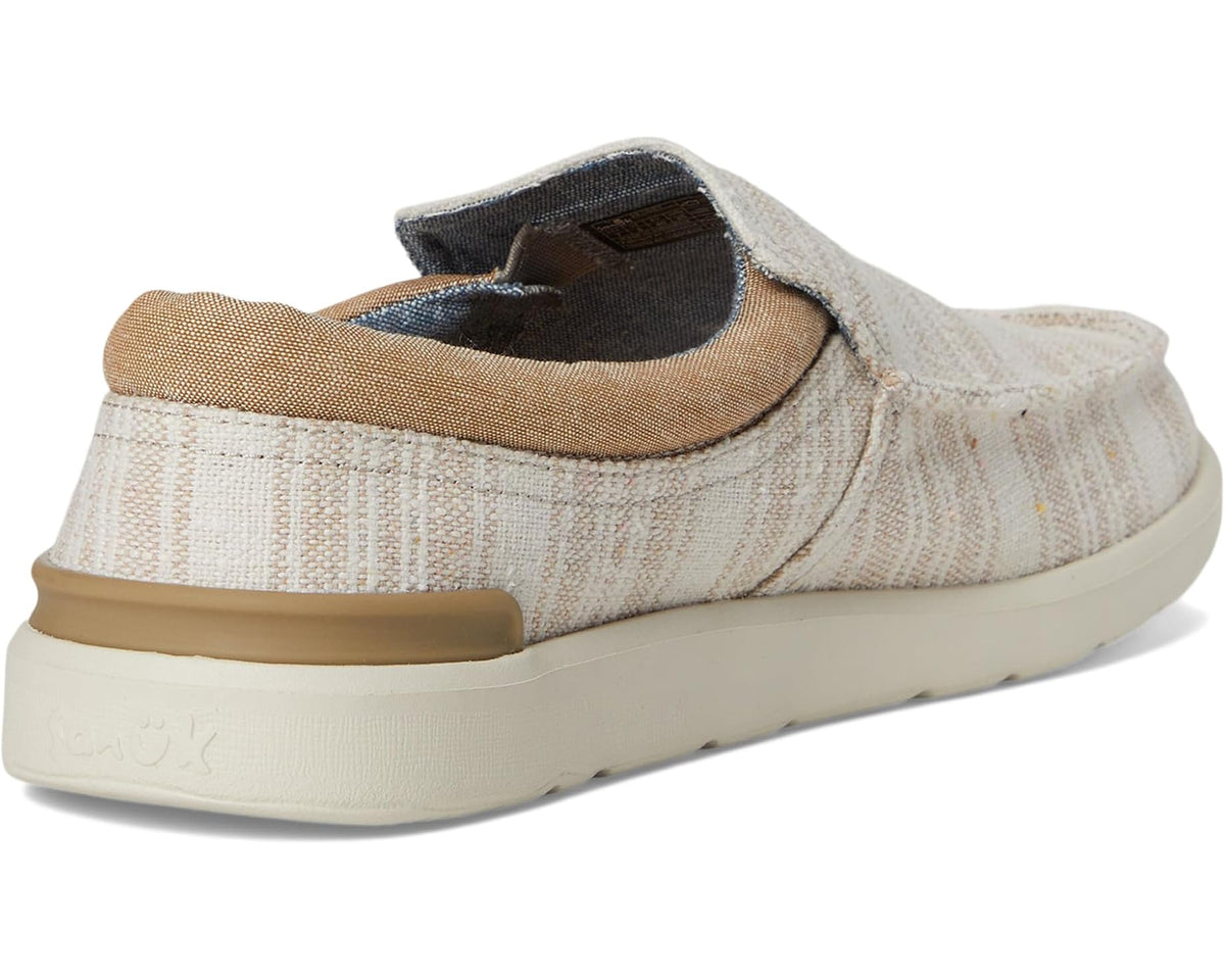 Sanuk Hangout Lite slip-on shoes, striped fabric upper with tan back panel