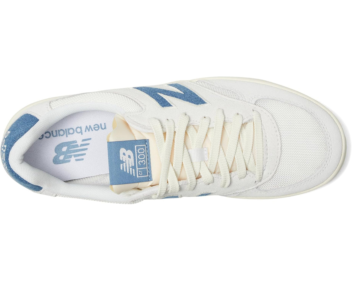 New Balance Classics 300 court sneaker, side view with blue lace panel and logo tongue