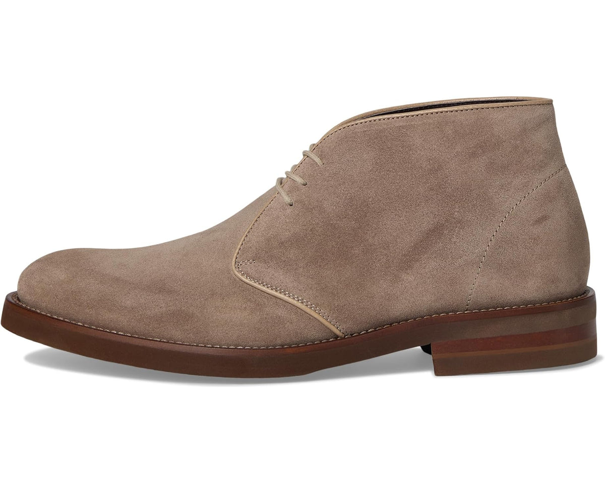 Slate-brown suede ankle chukka boot with lace-up front and low heel