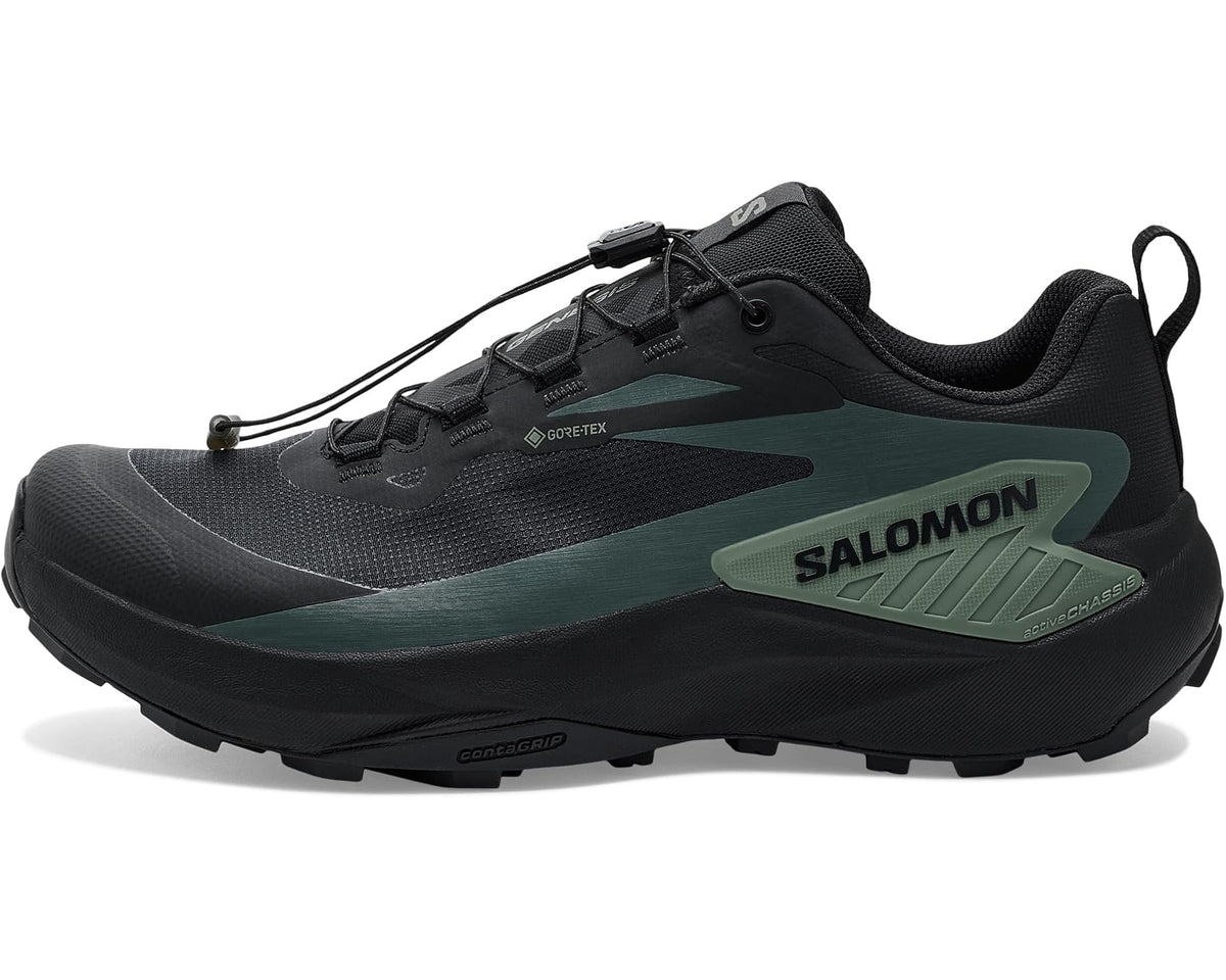 Men's Salomon Genesis waterproof-style trail shoes, black with green logo overlays