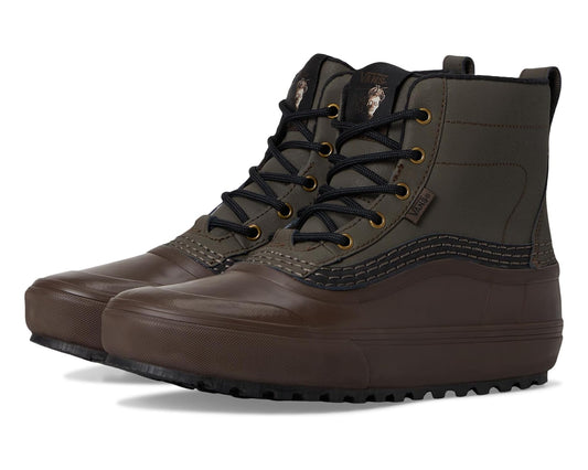 Unisex mid-top waterproof boots in dark brown with black laces and treaded sole