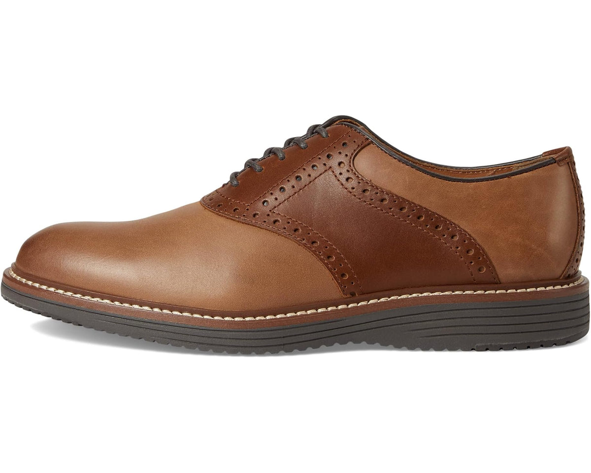 Saddle tan oiled leather lace-up oxford shoe with wingtip brogue and contrast welt