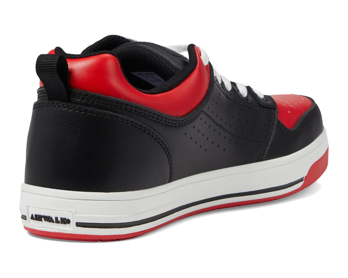 Men's black and red work sneaker heel with padded collar and white midsole trim