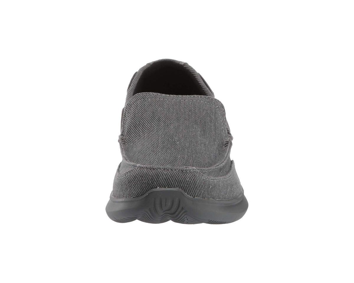 Grey slip-on shoe rear view with padded heel collar
