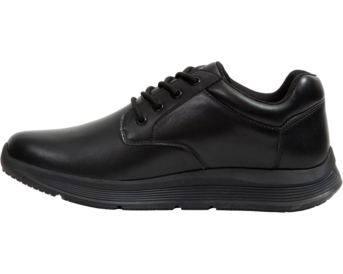 Men's black lace-up work shoe side view with stitched panels and flat sole