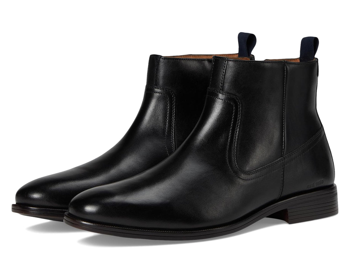 Men's black leather zip-up Chelsea boots with elastic gore and low block heel