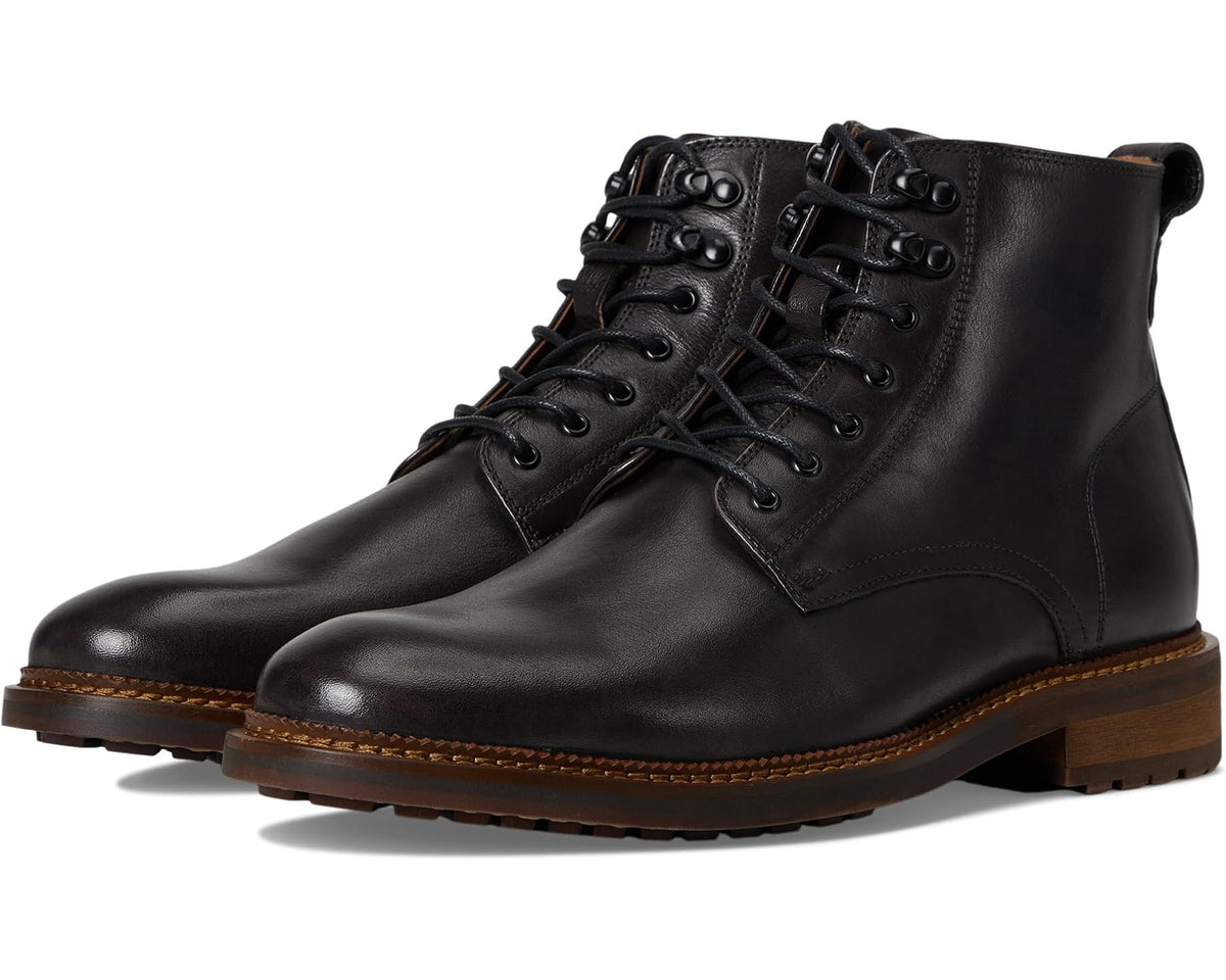 Men's black lace-up leather boots with padded collar and rugged brown sole