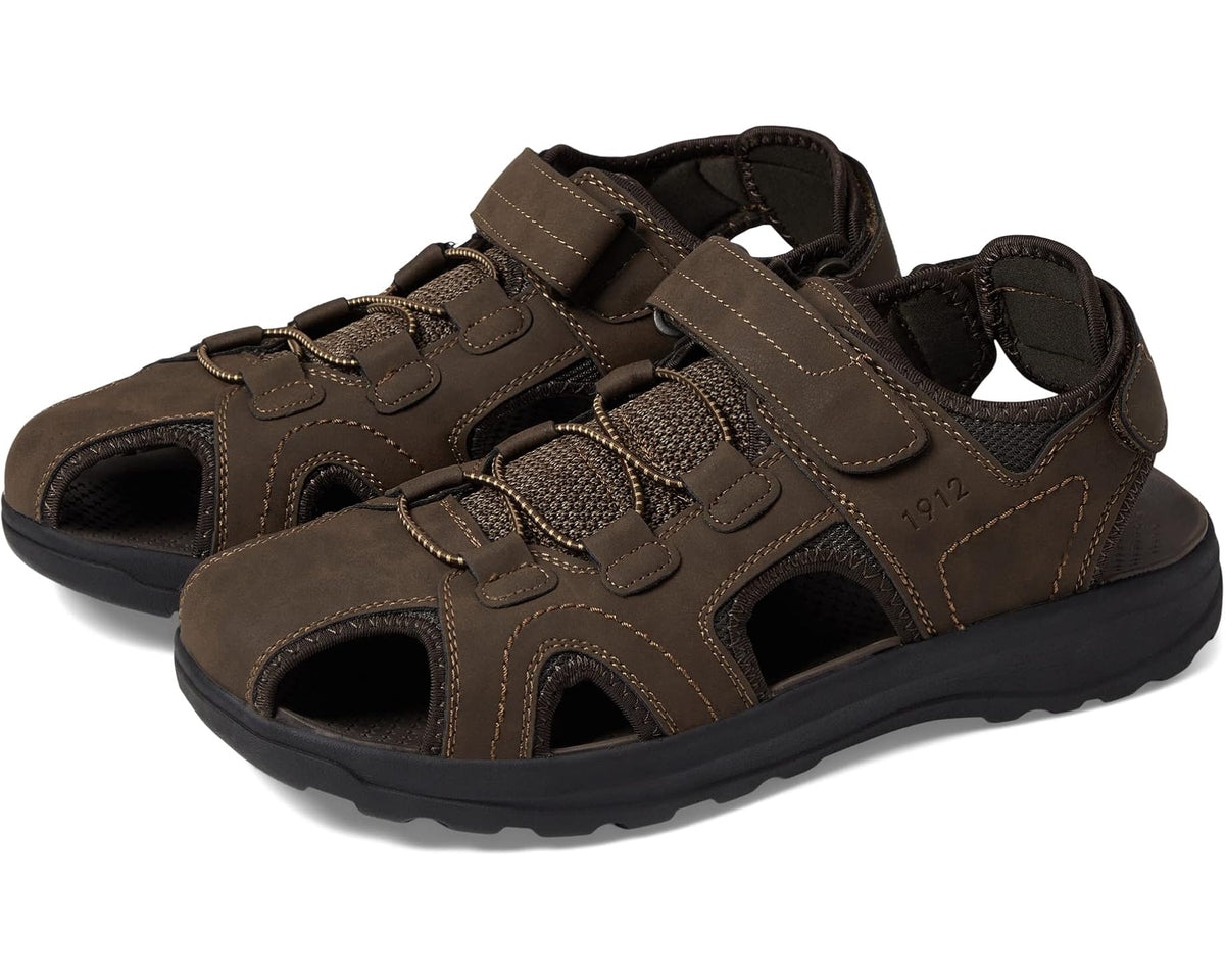 Men's brown closed-toe fisherman sandals with hook-and-loop straps and cushioned sole