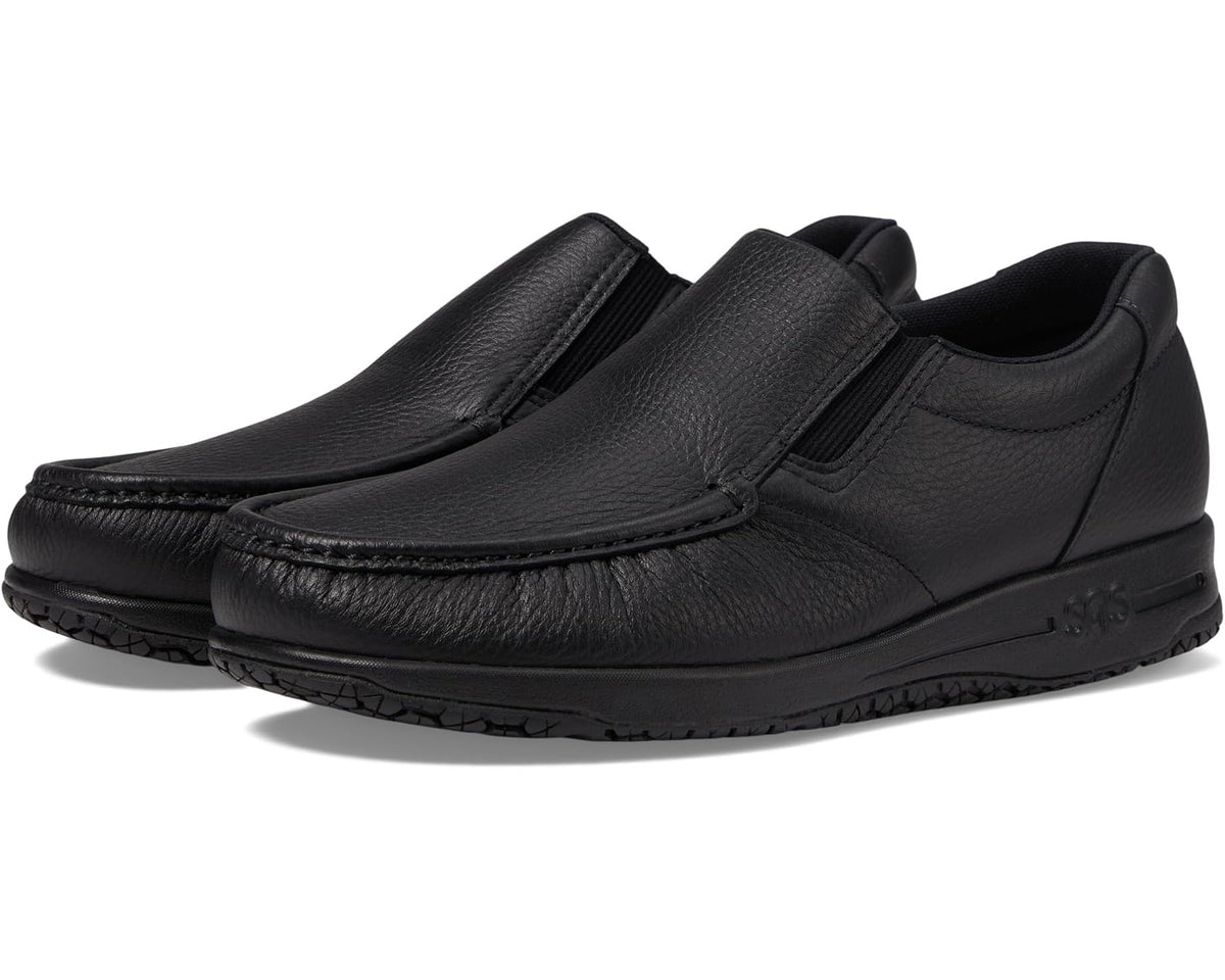Black leather slip-on loafer with cushioned collar and textured non-slip outsole