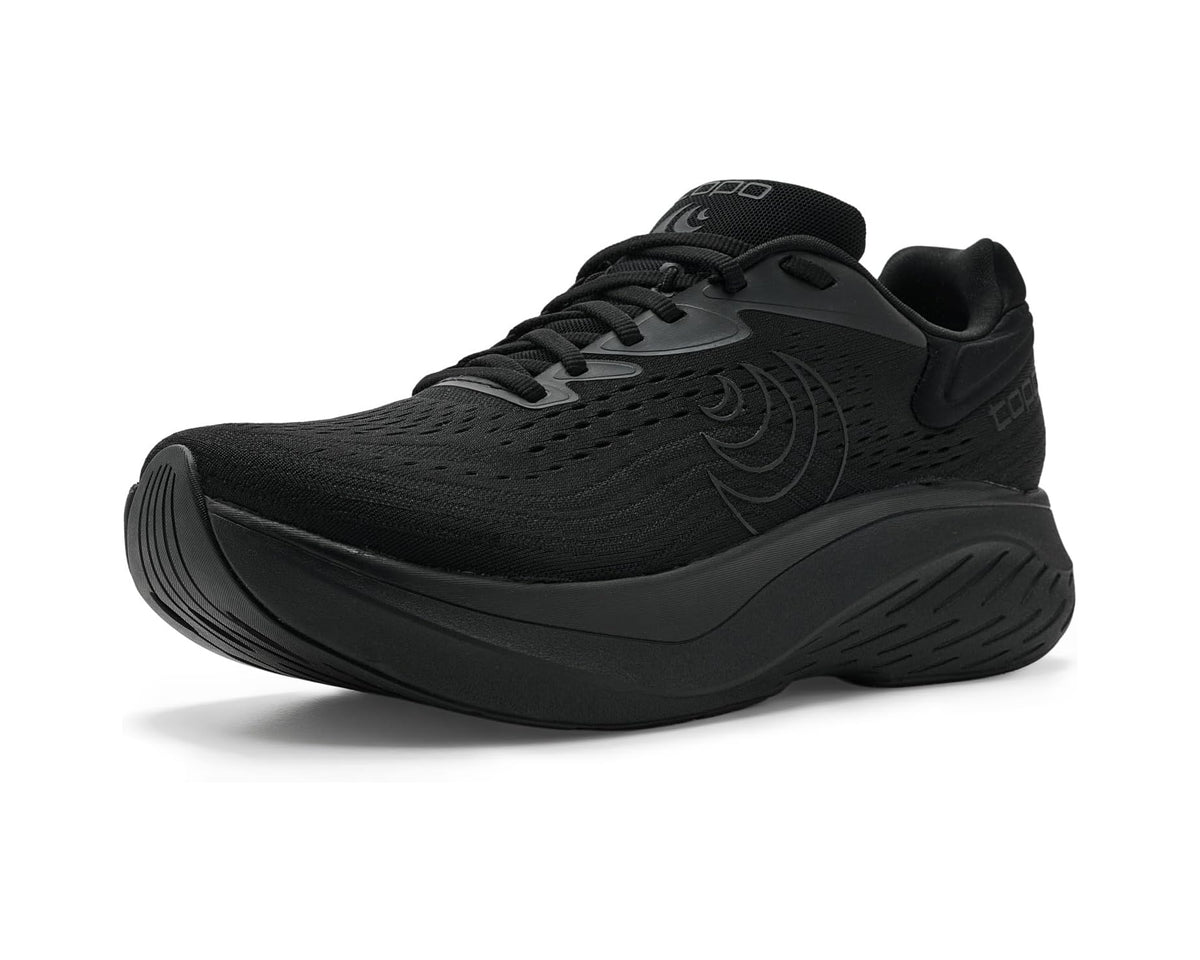 Men's black lace-up running shoe with cushioned midsole and textured knit upper.