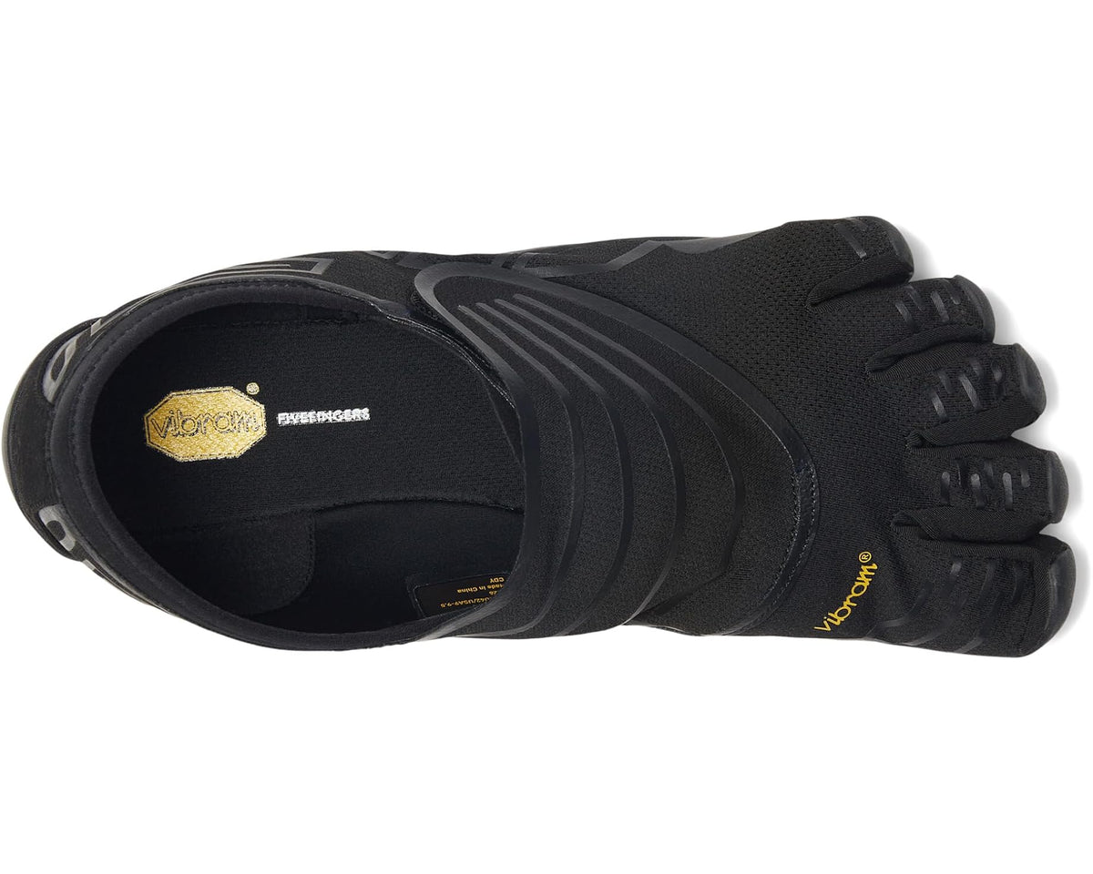 Black five-toe slip-on Vibram Groundplay shoe with open toe design and padding