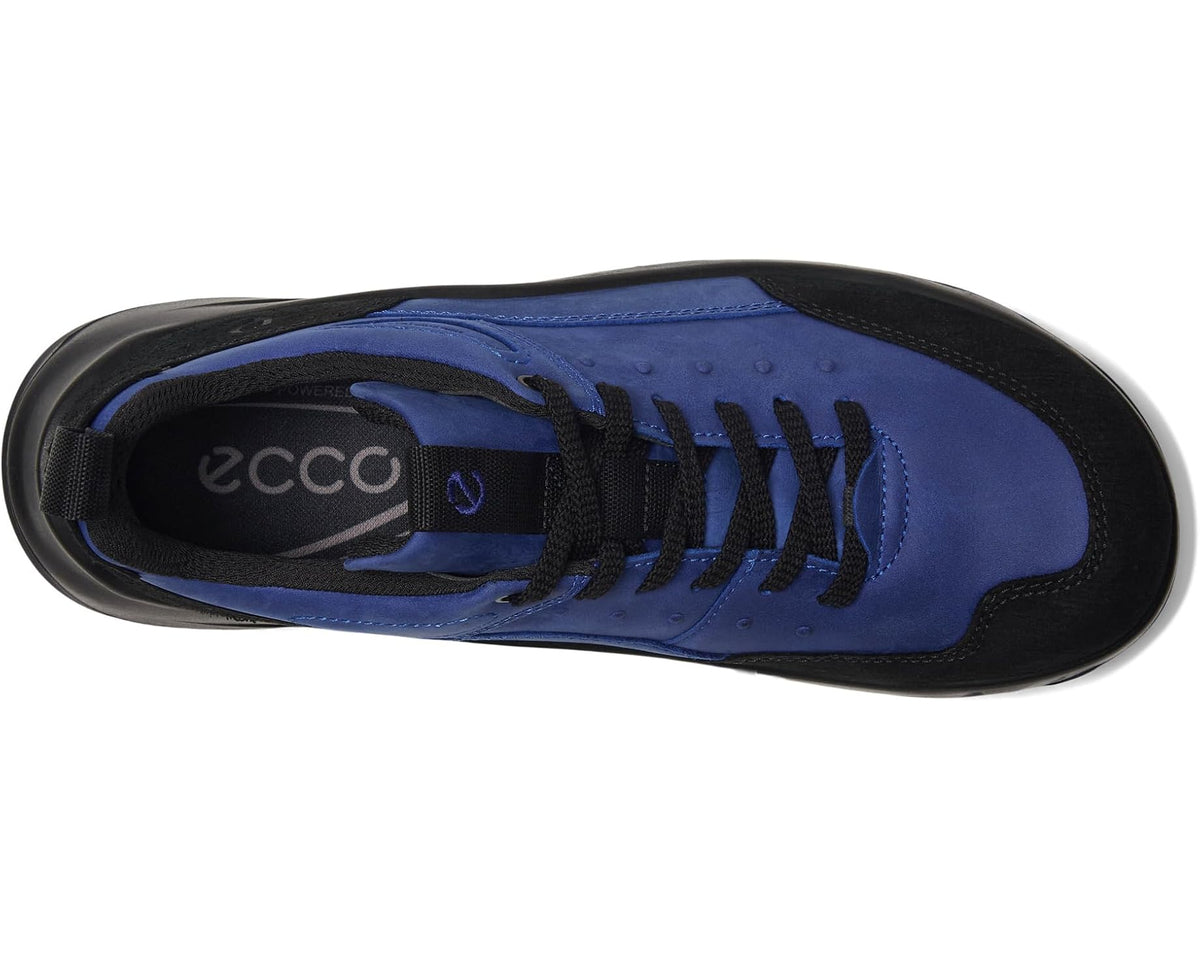 Blue and black lace-up hiking shoe, side view with ECCO logo on tongue