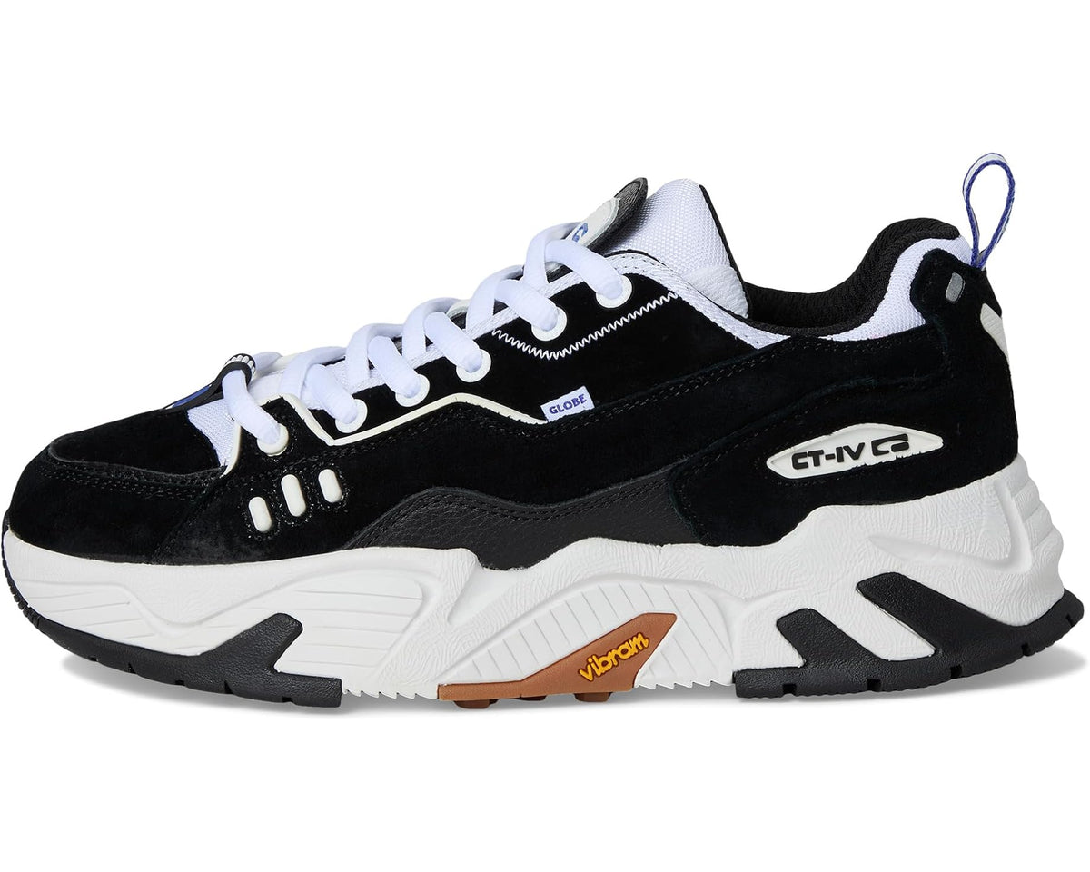 Black and white high-top sneakers with blue accents and orange traction logo