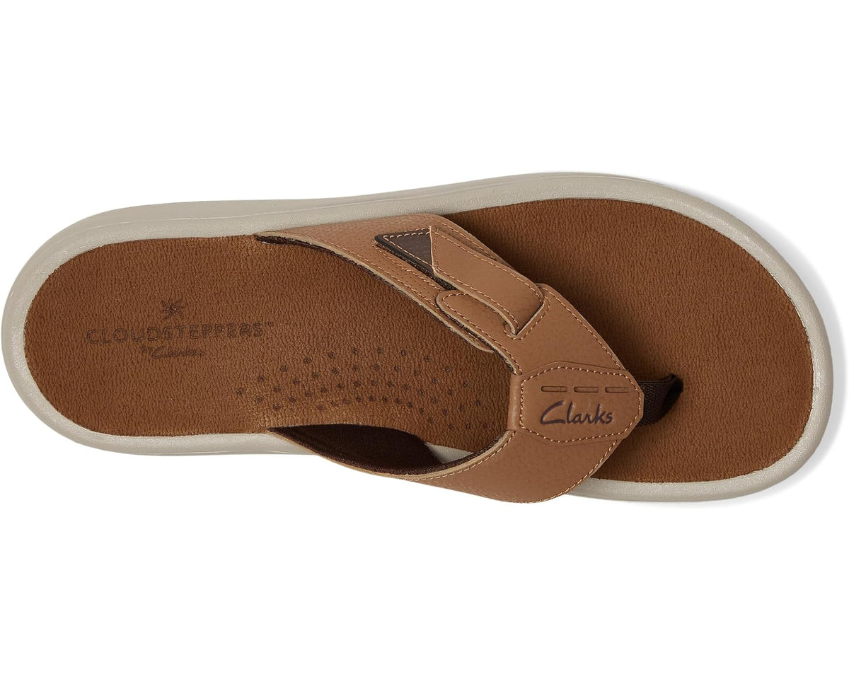 Brown synthetic thong sandal with perforated insole, padded strap, and Clarks logo