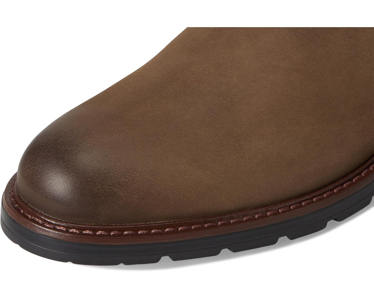 Truffle nubuck Chelsea boot toe and side view with brown stitch trim and tread sole