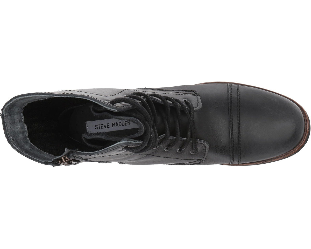 Men's black lace-up boots interior view with STEVE MADDEN tongue label