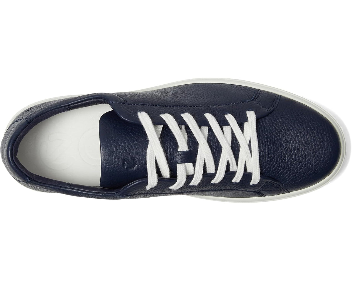 ECCO marine blue sneaker with white lace-up closure and padded interior lining