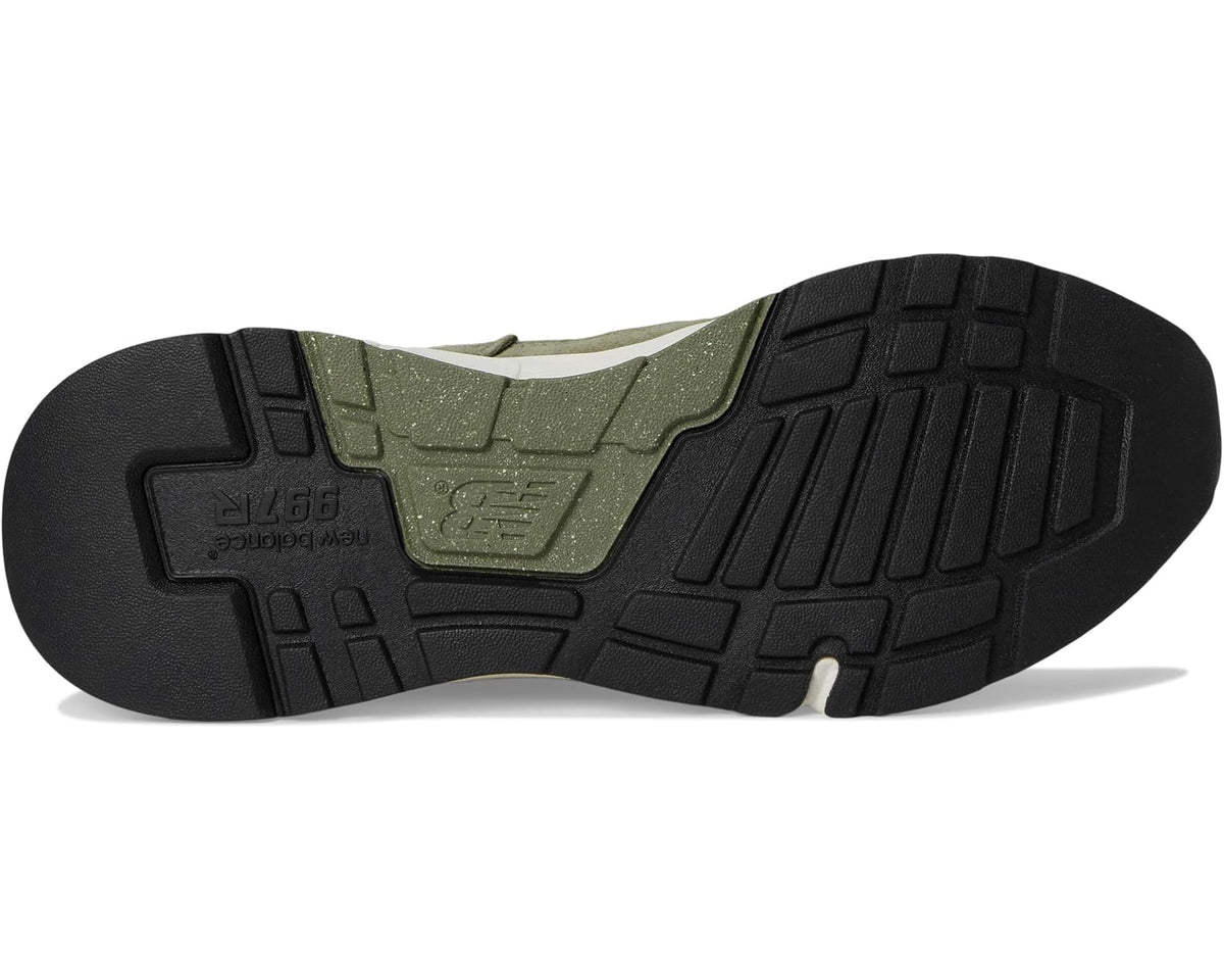 Unisex New Balance 997R outsole with dark rubber tread and olive foam backing