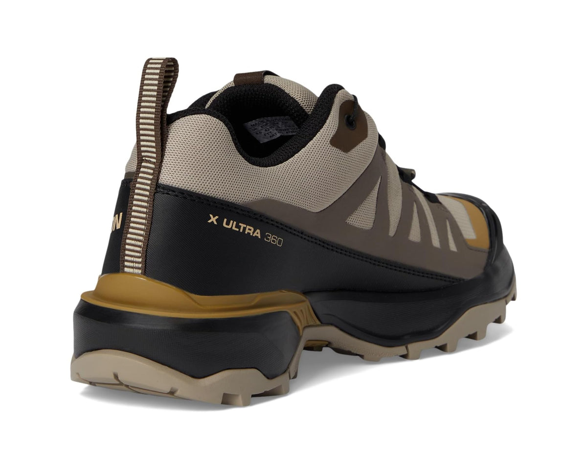 Men's trail shoe heel view in khaki with black collar, pull tab, and tread sole