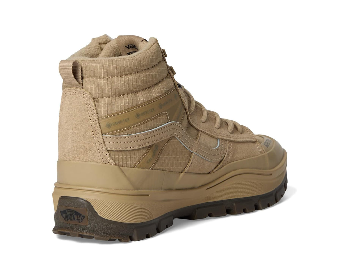 Beige high-top boot heel view with padded cuff, lace-up eyelets, and rugged sole.