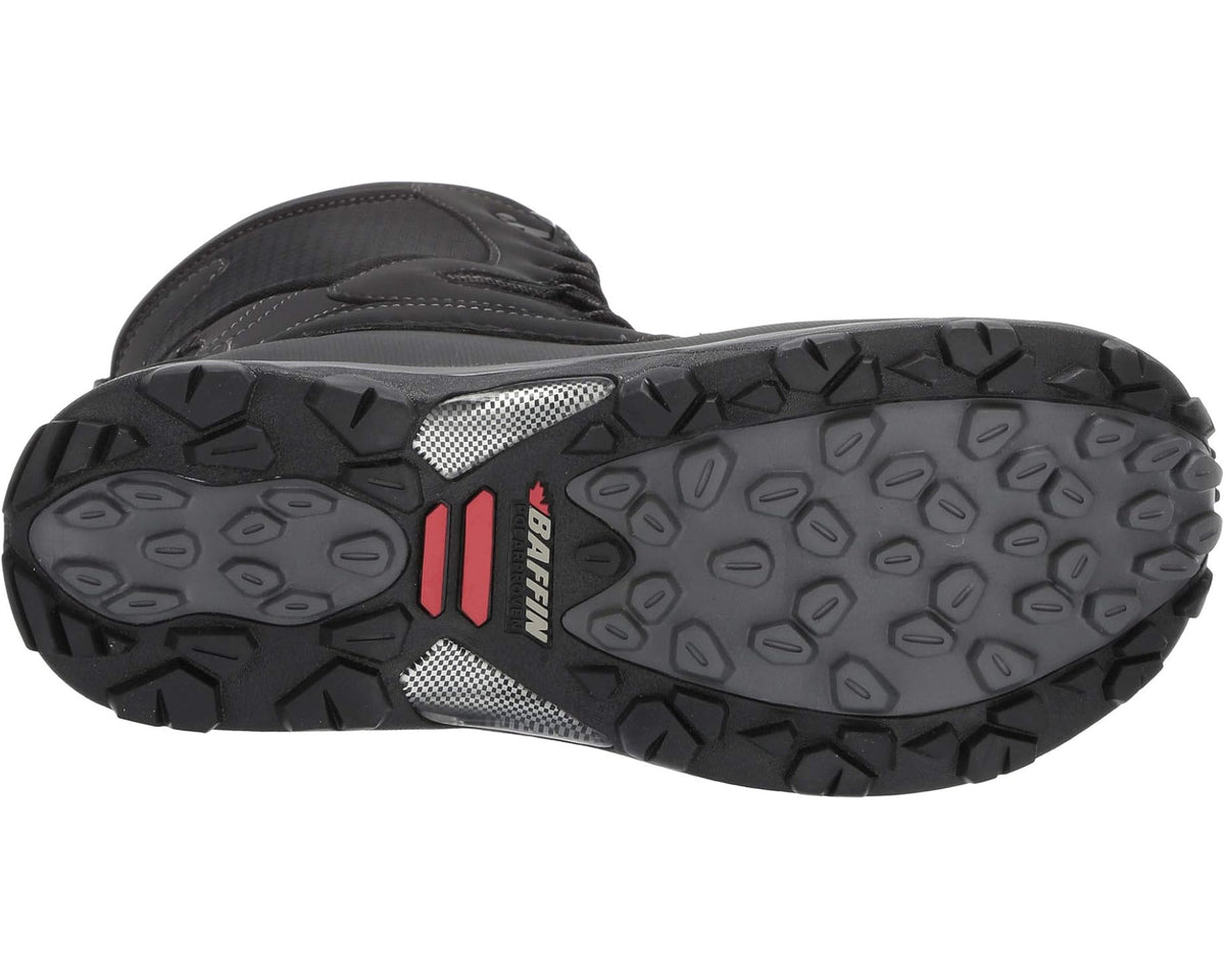 Black boot outsole with deep lug tread and red stripe detail