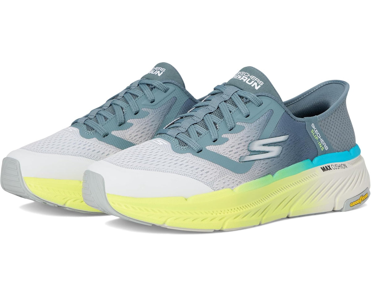 Men's slip-on sneakers in light gray with teal accents and neon yellow sole