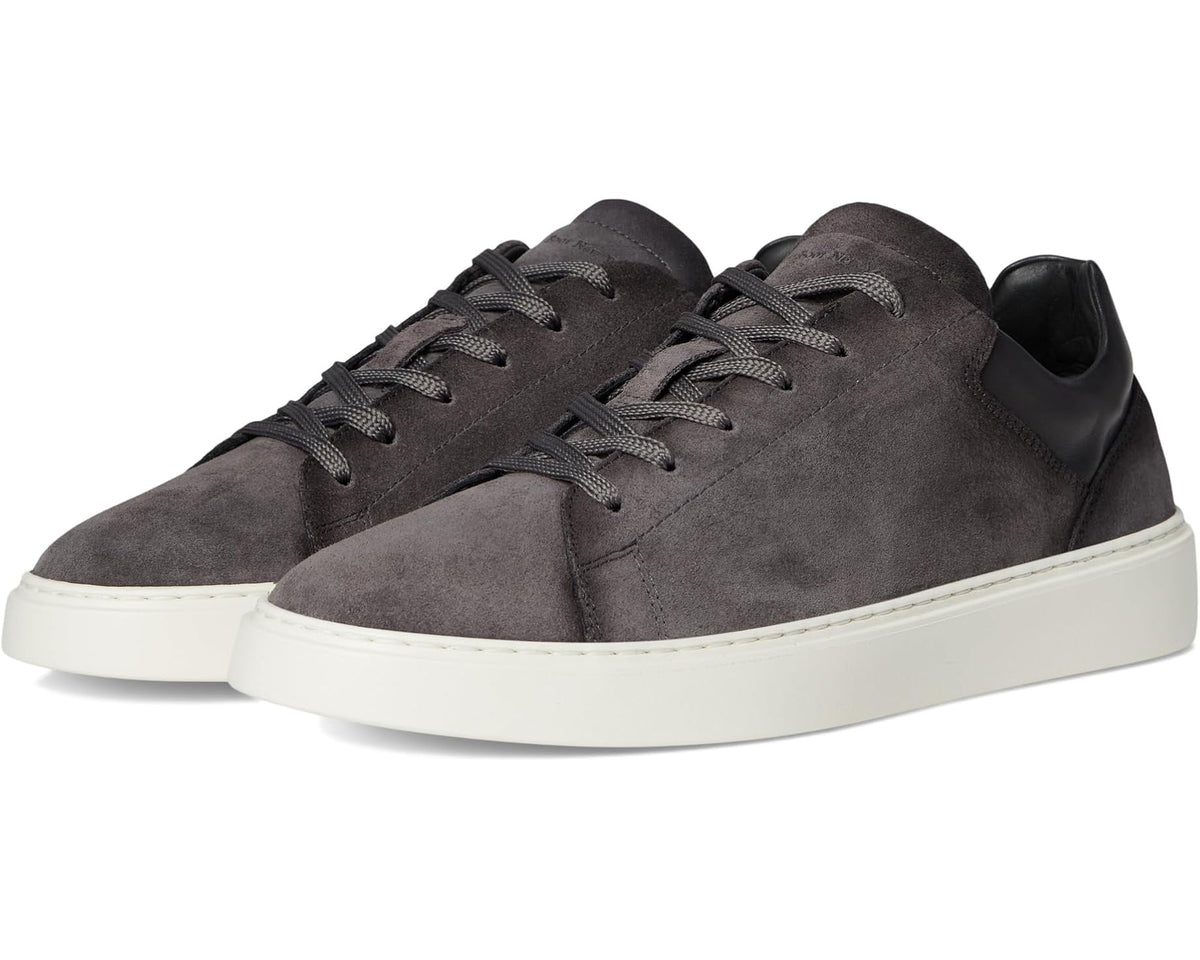 Men's grey suede lace-up sneakers with black heel tab and white rubber sole