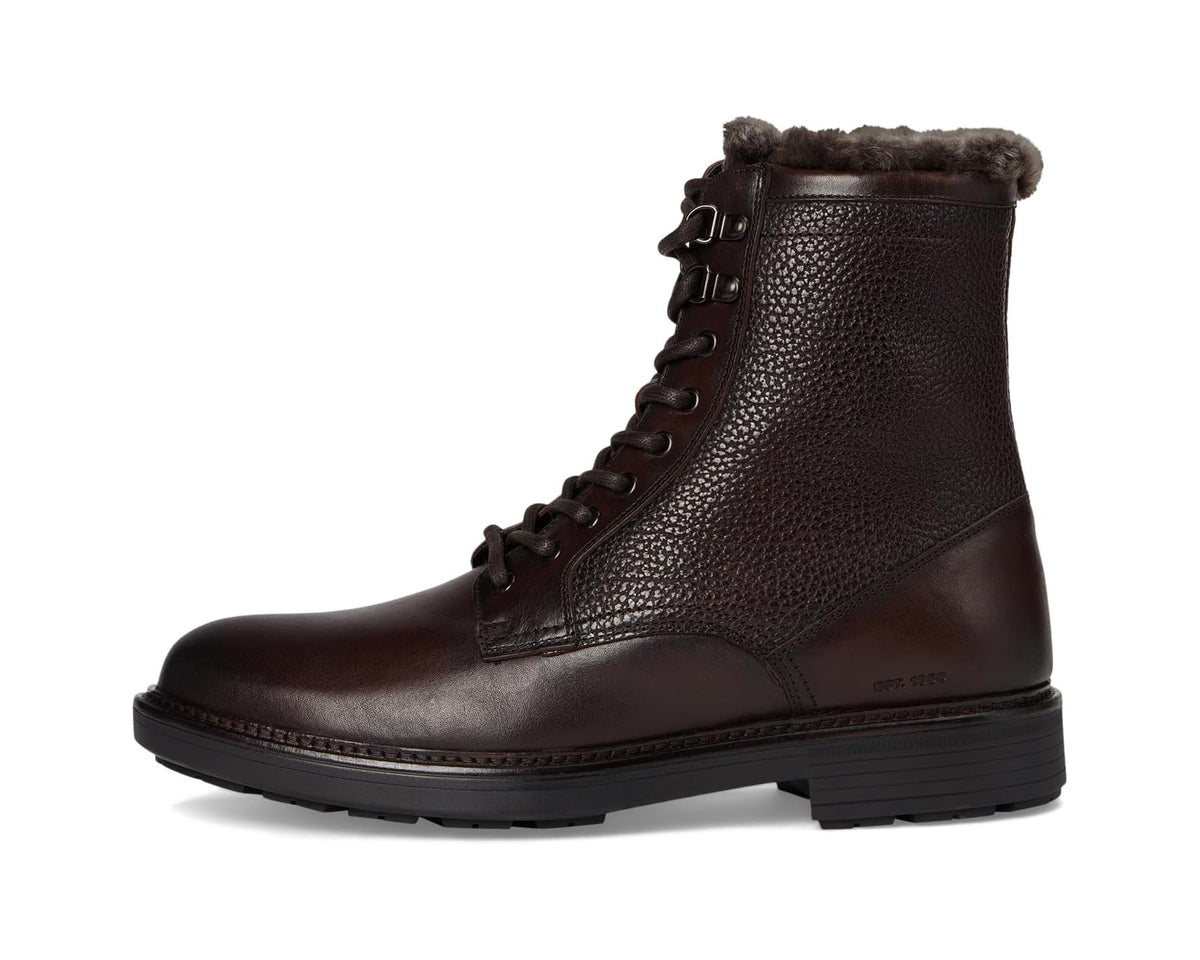 Dark brown lace-up shearling boots with shearling collar and side panel