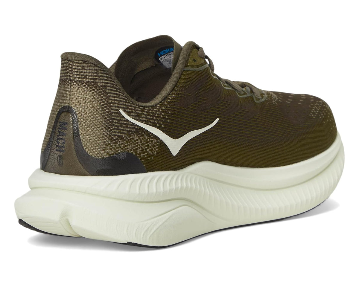 Men's HOKA running shoe heel view, olive upper with white midsole and Swoosh logo