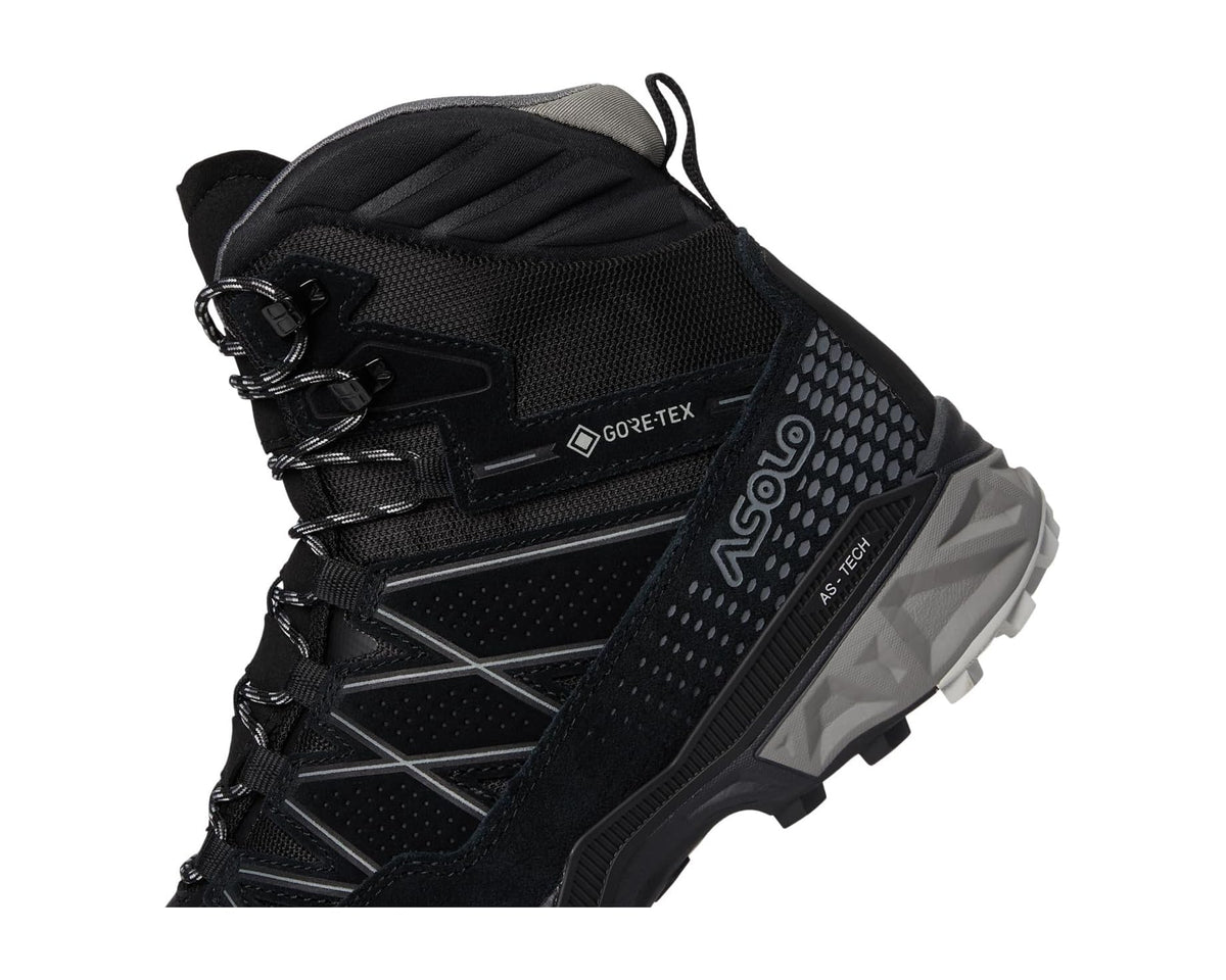 Men's black boot upper close-up with Gore-Tex label, laces, and textured panels