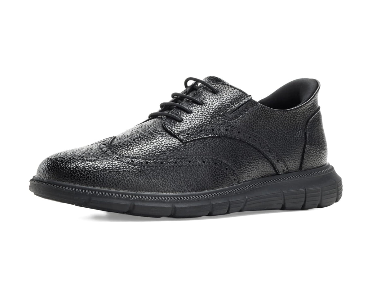 Men's black leather lace-up shoe with textured finish and thick black sole